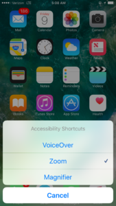 Image showing magnifier in accessibility shortcut menu.