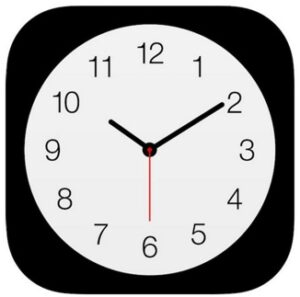 Image showing the clock icon for iOS. icon is a picture of a clock on back background. Minute Hand is at 2 and hour hand is at 10.