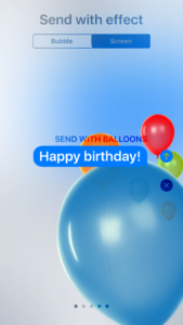 Image shows the balloons full screen iMessage effect, with "Happy birthday" written as the text.