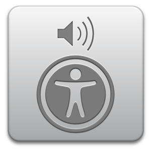 Image showing VoiceOver icon. icon is a grey gradient to white with a universal access symbol and a speaker with sound waves going to the right.