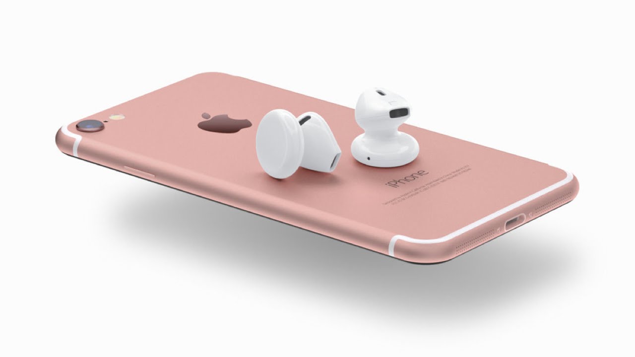 Image of Apple Airpods sitting on top of Rose Gold iPhone 7