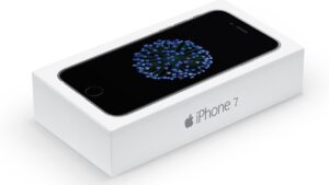 Picture showing iPhone 7 box with black iPhone picture on top