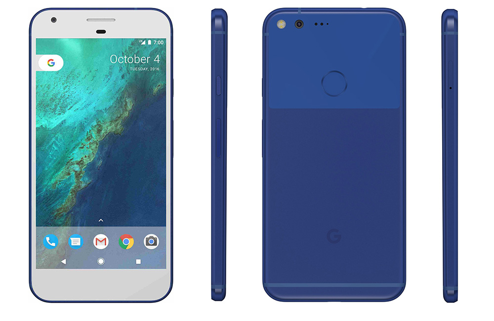 Image showing front, side and back shots of the Really Blue Google Pixel