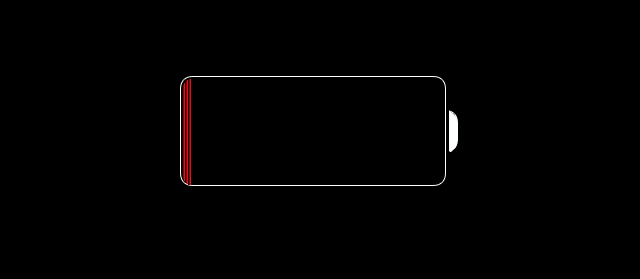 Image of black screen with battery icon which is a battery with small glowing red area showing the amount of battery left to represent a time when low power ode is needed.
