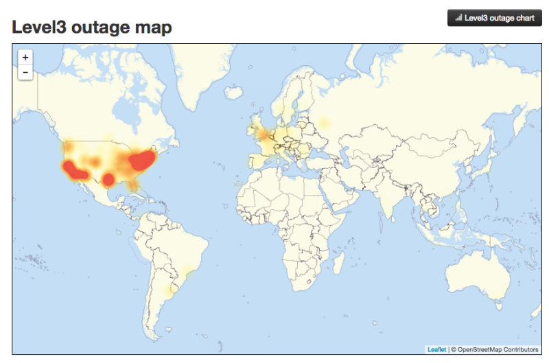 A map showing that much of Friday's Internet outage was over the US.