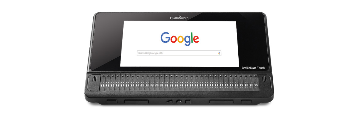 BrailleNote Touch with Google on the screen.