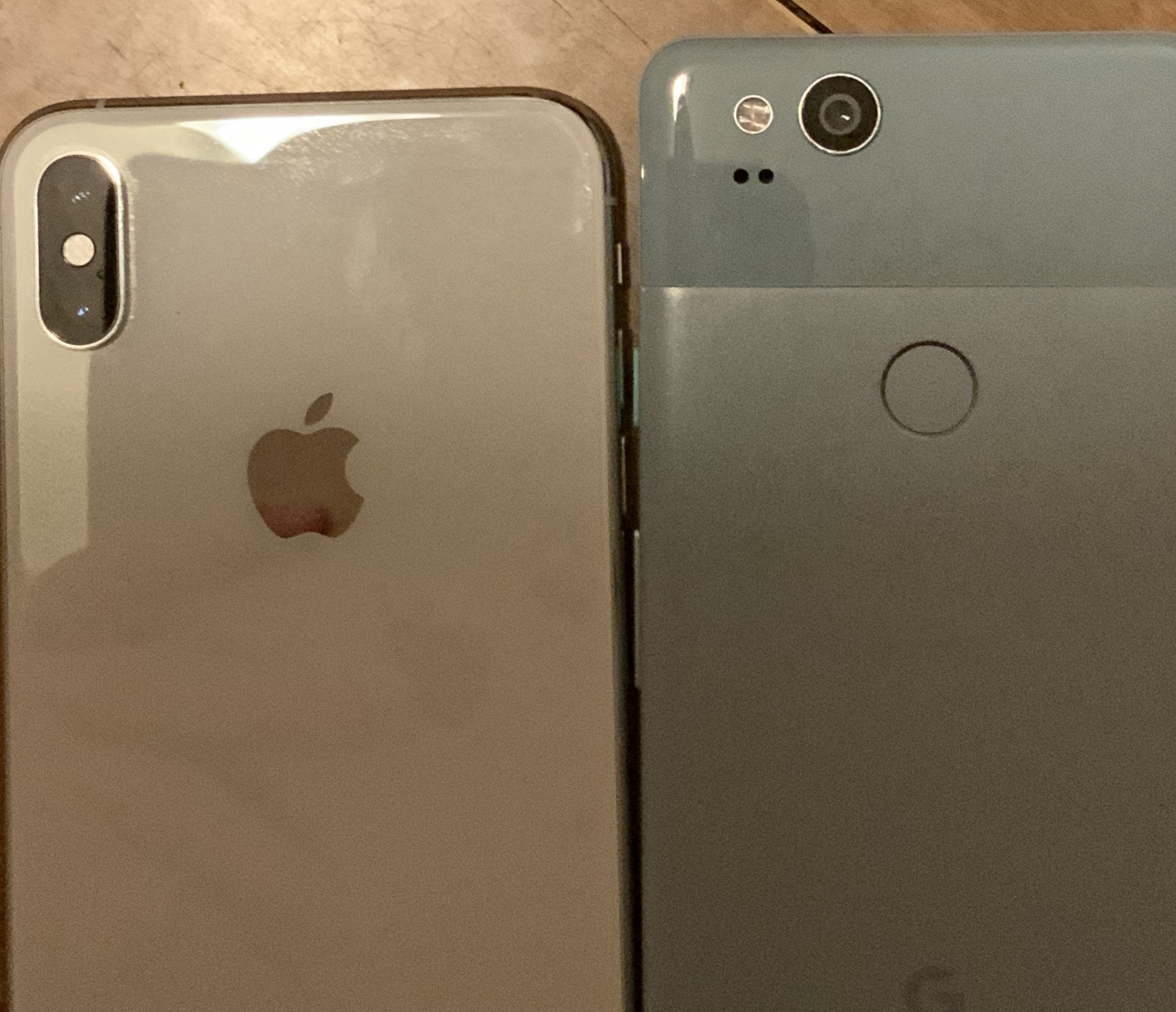 Picture of iPhone XS Max and Pixel 2 cameras.