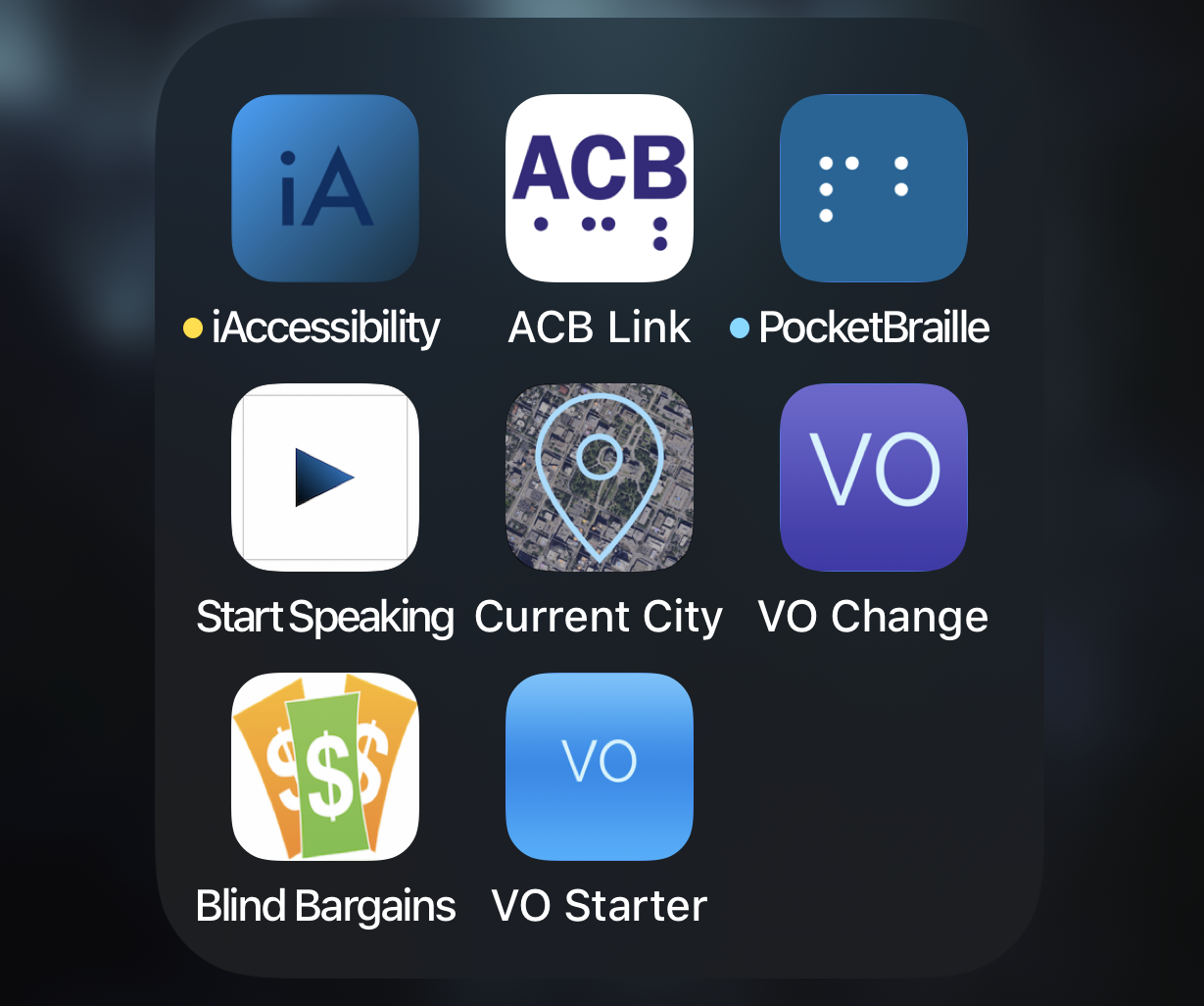 iAccessibility apps. iAccessibility, PocketBraille, Start Speaking, Current City, Vo Starter, VO Change, ACB Link, Blind Bargains.