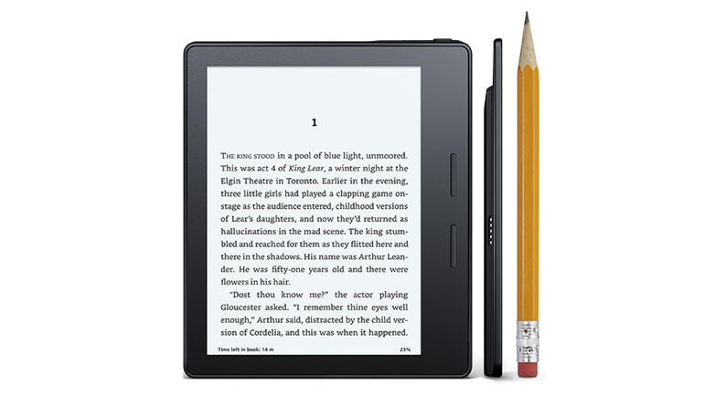 Front of Kindle Oasis with side shots of different colored sides.